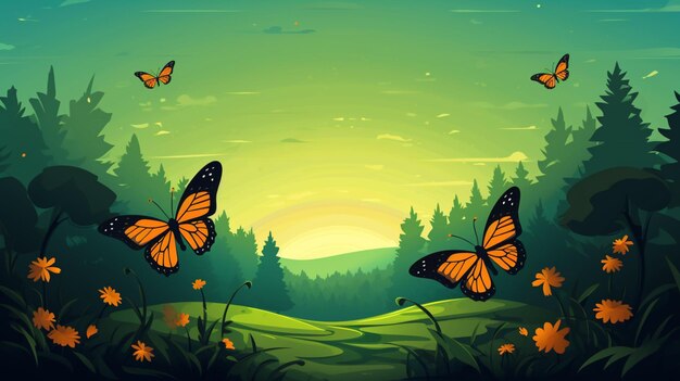 Vector una pintura de mariposas en un bosque con una puesta de sol en el fondo