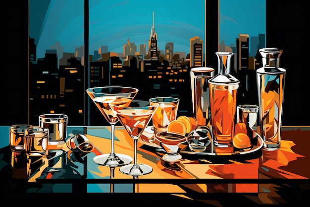 Vector una pintura de una mesa con bebidas y una vista de una ciudad