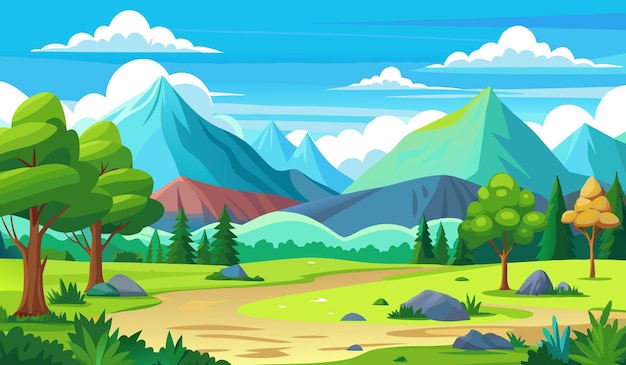 una pintura de montañas con árboles y montañas