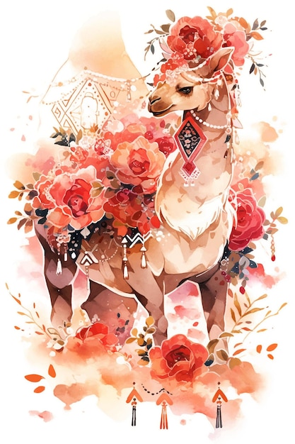 En esta pintura se muestra una llama con flores en la espalda.