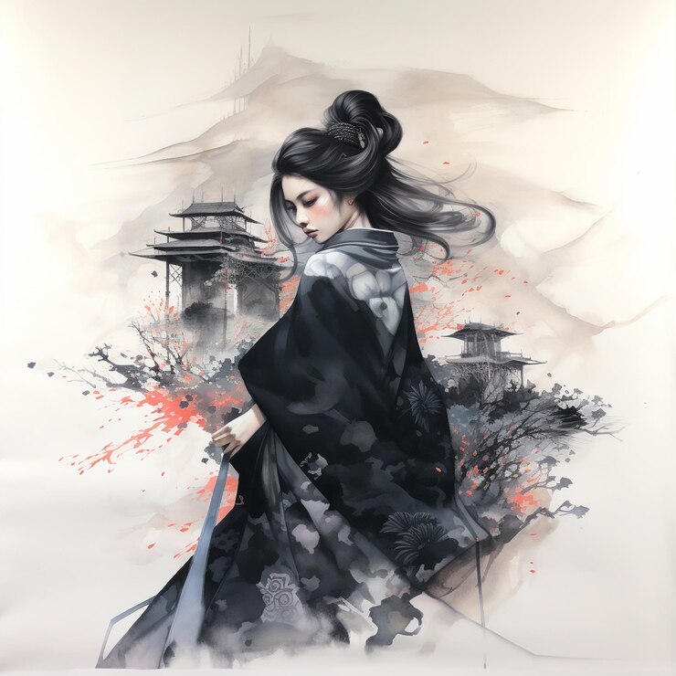 una pintura de una mujer con cabello largo y un vestido negro con un diseño rojo y negro