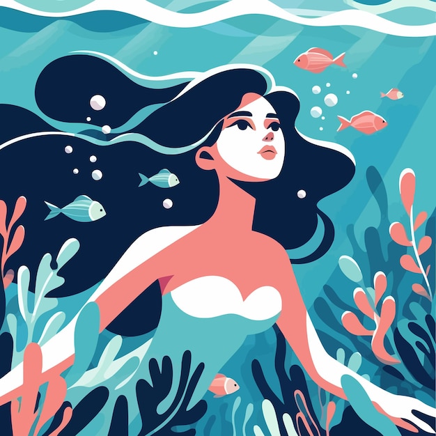 una pintura de una mujer nadando en el océano con el mundo submarino en la parte inferior