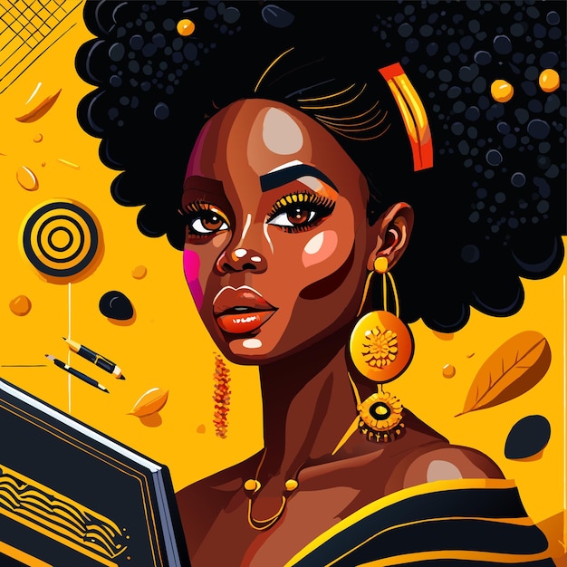 Vector pintura de mujer negra dibujada a mano plana elegante pegatina de dibujos animados icono concepto ilustración aislada