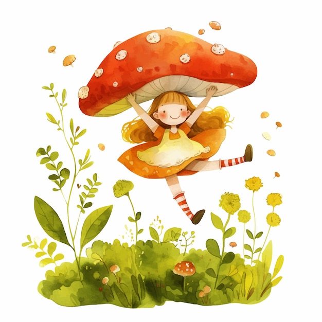 Vector pintura de una niña volando con un hongo