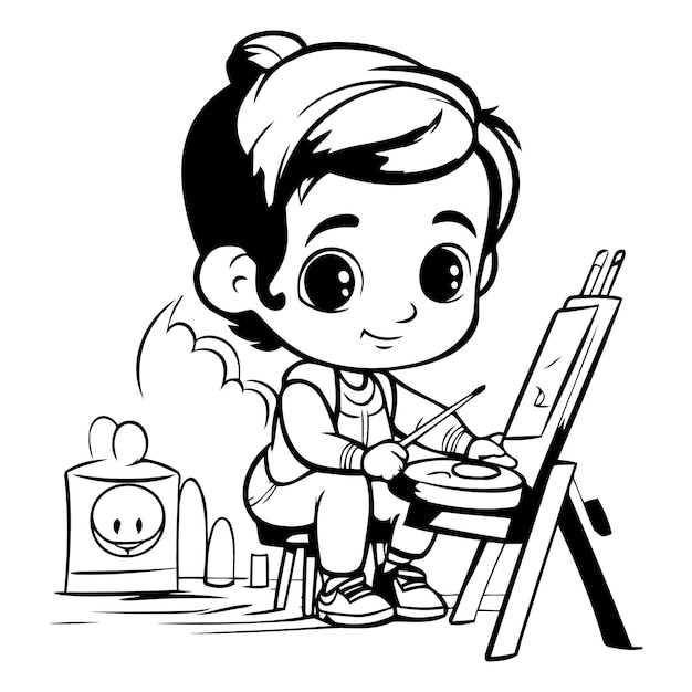Vector pintura de un niño pequeño en un caballete ilustración vectorial de un niño de dibujos animados pintando un caballete