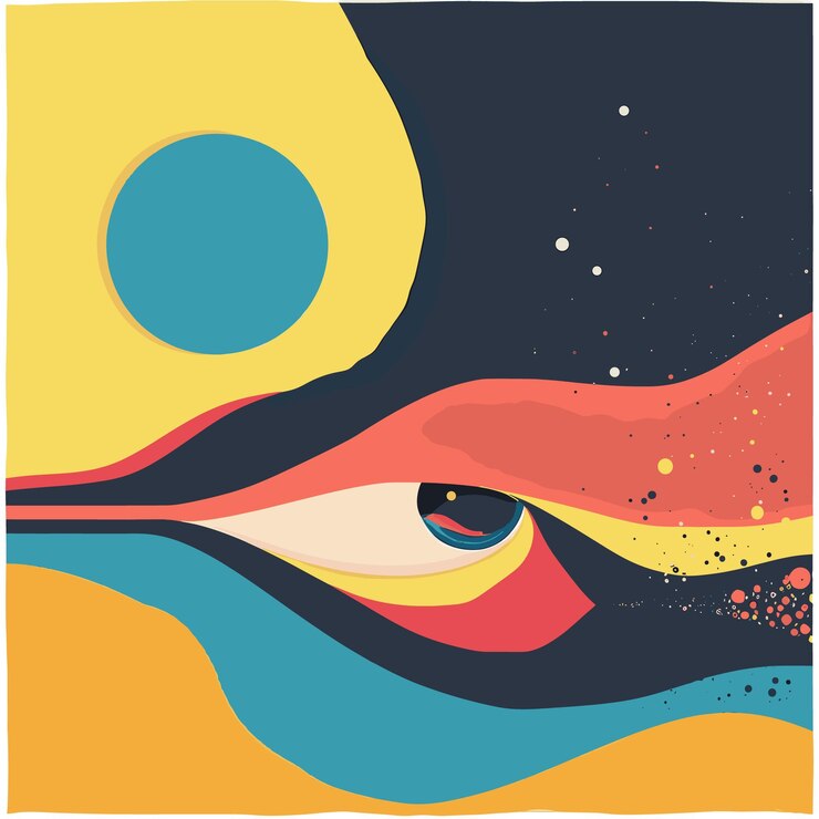 Vector una pintura de un ojo con un círculo azul y un fondo amarillo