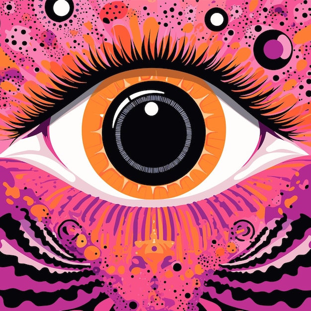 Vector pintura de un ojo con círculos rosados, naranjas y negros a su alrededor
