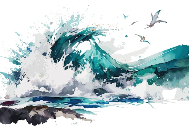 Vector una pintura de una ola con las palabras mar y pájaros volando a su alrededor.