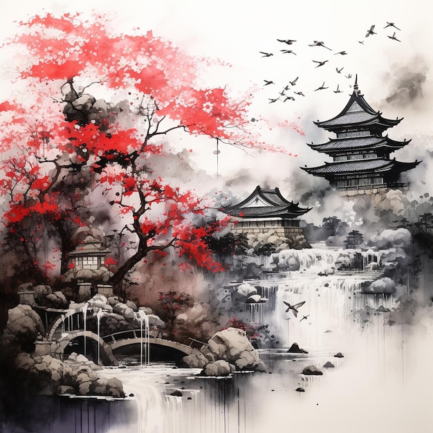 una pintura de una pagoda con un árbol rojo en el medio