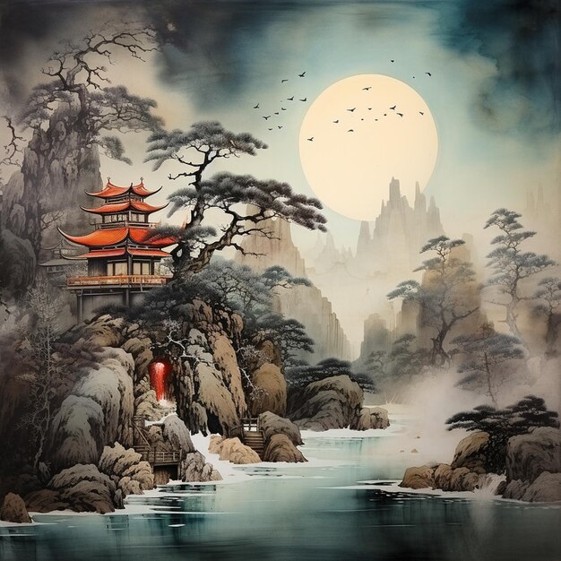 Vector una pintura de una pagoda con una luna llena en el fondo