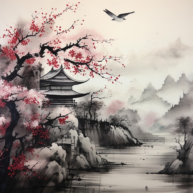 una pintura de una pagoda con un pájaro volando en el cielo