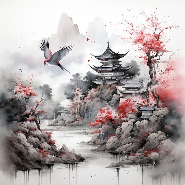 una pintura de una pagoda con un pájaro volando por encima de ella