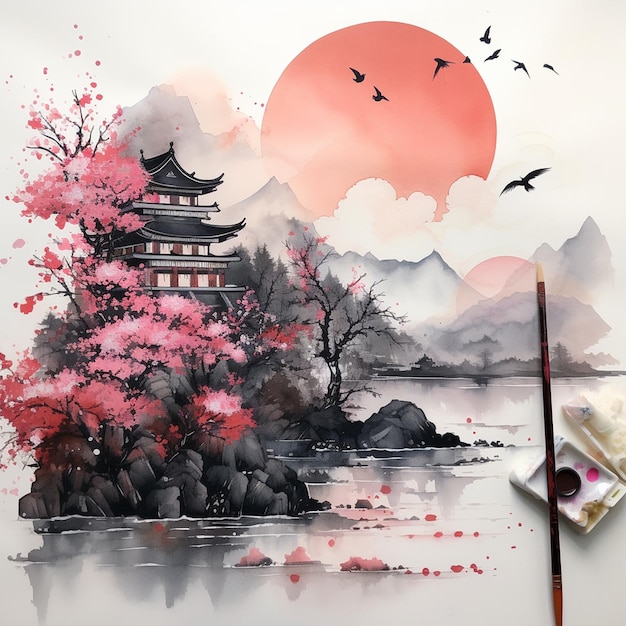 una pintura de una pagoda con pájaros volando a su alrededor