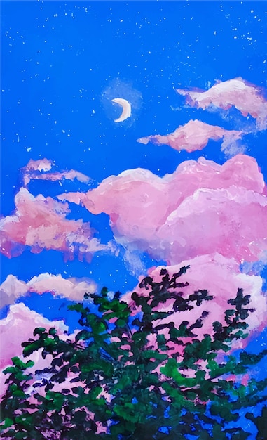 Pintura de paisaje de acuarela con el hermoso cielo rosa nublado