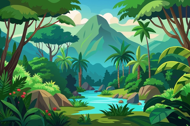 Vector una pintura de un paisaje con árboles y montañas