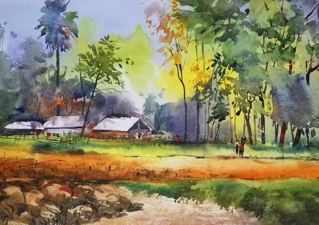 Pintura de paisaje de casa antigua de campo con acuarela