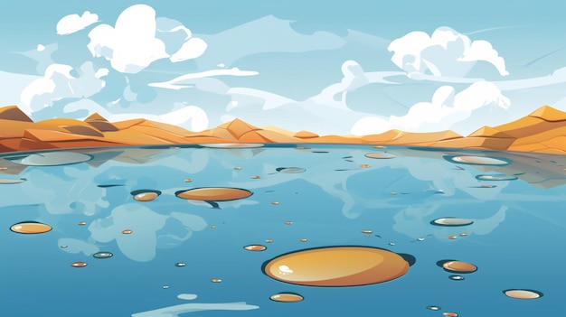 Vector una pintura de un paisaje con un lago y montañas en el fondo