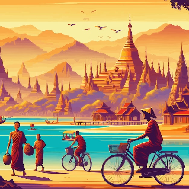 Vector una pintura de un paisaje de montaña con un hombre y dos mujeres en bicicletas