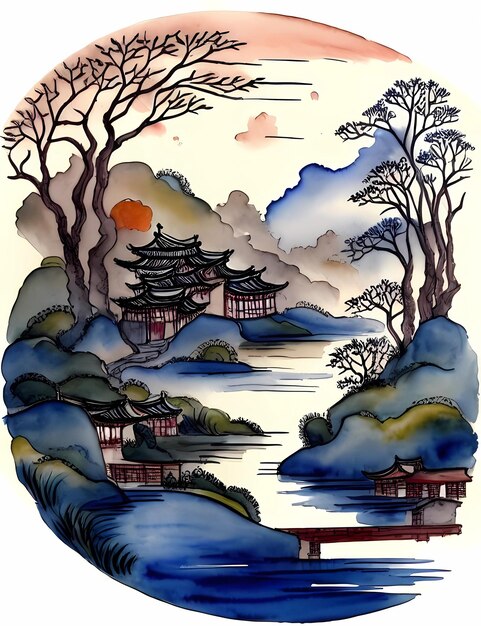 Pintura de paisaje en tinta china Pintura de paisaje en tinta Ilustración de paisaje Arte oriental Ilustración de tinta y lavado Fondo de paisaje