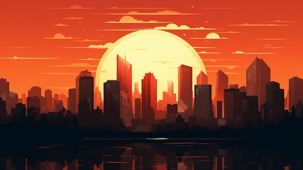 Vector una pintura de un paisaje urbano con un sol rojo poniéndose detrás de un horizonte de la ciudad
