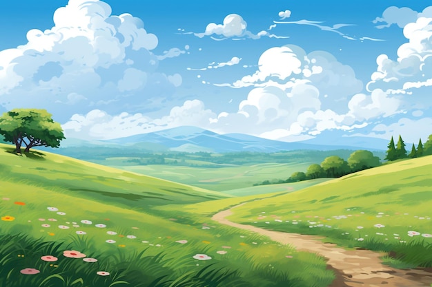 Una pintura de un paisaje verde con un camino de tierra