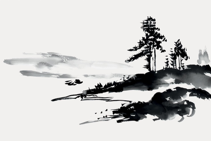 Vector pintura de paisajes con tinta minimalista