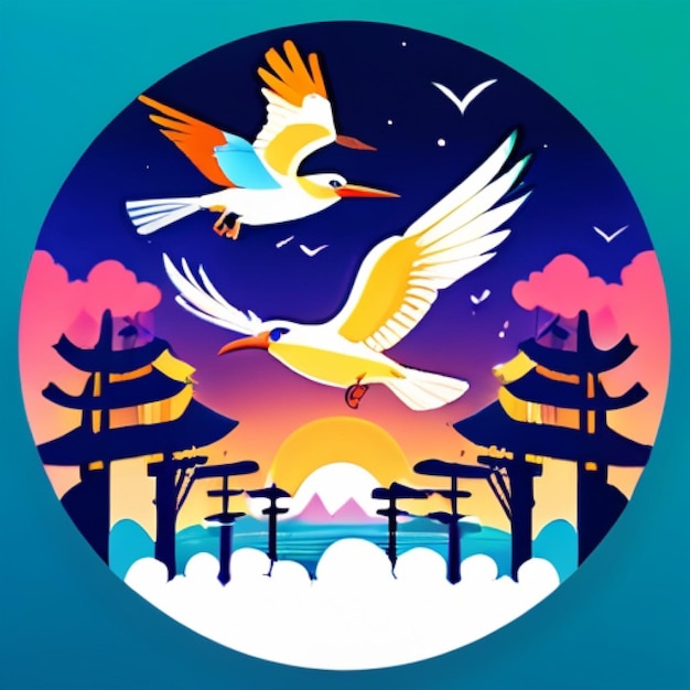 Vector una pintura de un pájaro volando en el cielo con un fondo de montaña