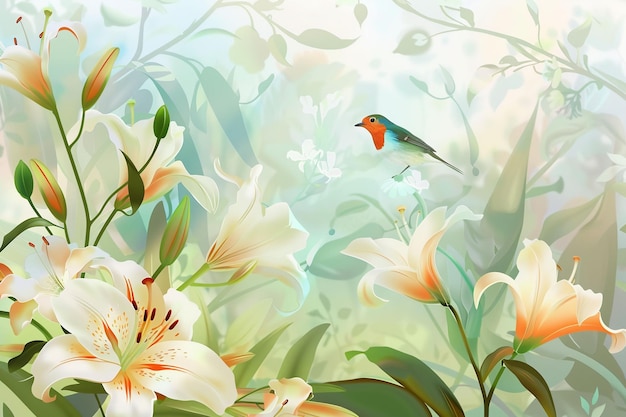 Una pintura de un pájaro volando sobre un ramo de flores