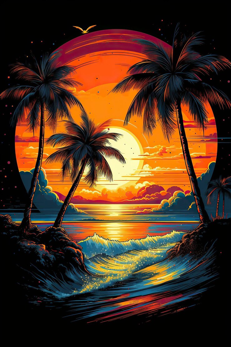 Una pintura de palmeras con el sol brillando sobre ella.