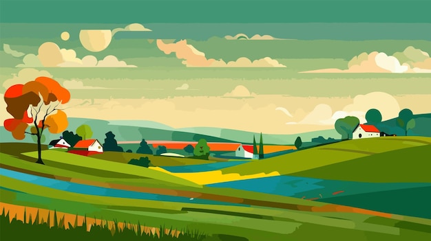 Vector pintura panorámica de un paisaje rural con una ilustración vectorial de un río