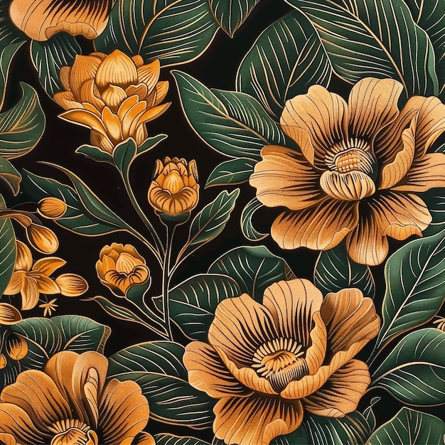 Pintura de papel tapiz floral dorado con flores