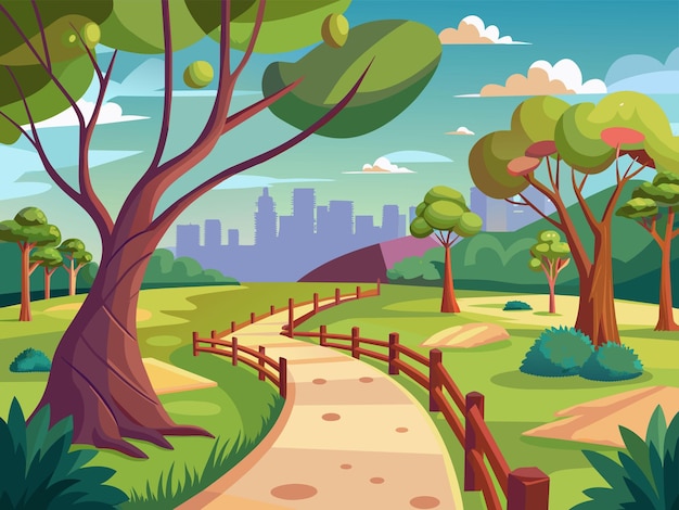 una pintura de un parque con árboles y una valla