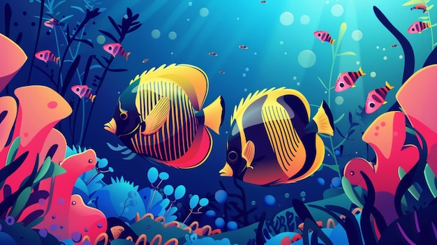 Vector una pintura de peces bajo el mar con el sol brillando a través de las nubes