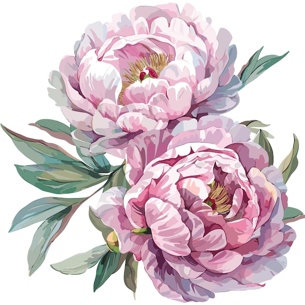 una pintura de peonías con hojas y flores