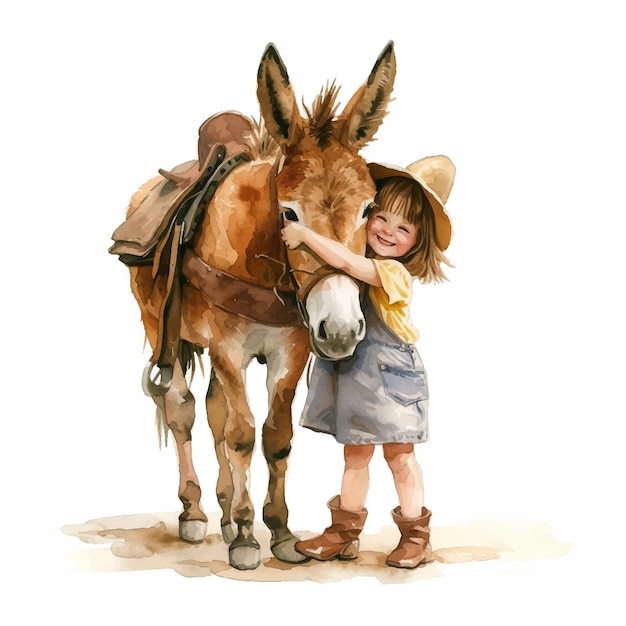 Pintura de una pequeña niña de dibujos animados abrazando a un lindo burro de dibuyos animados