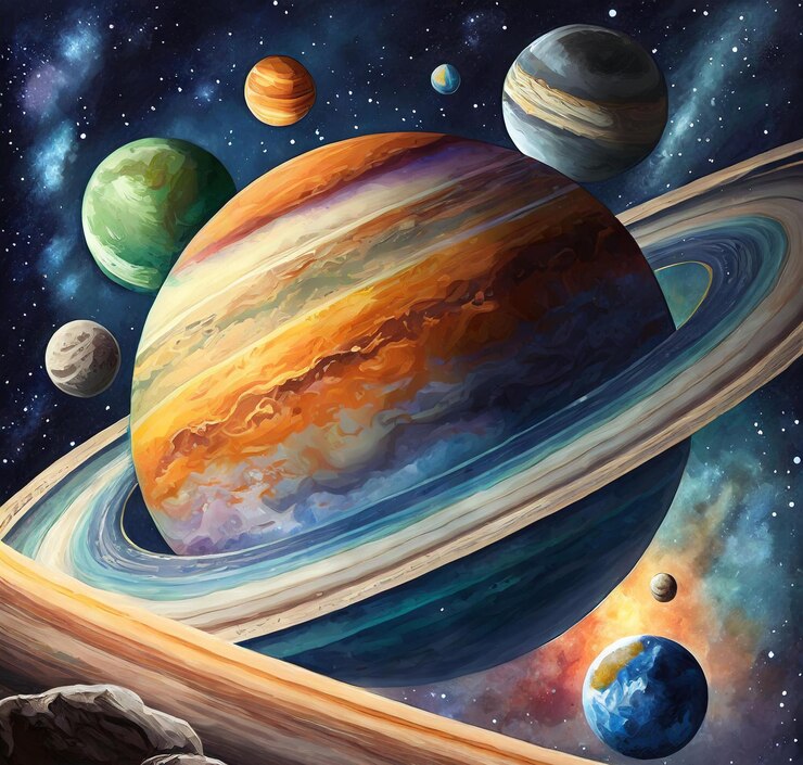 Vector una pintura de un planeta con planetas y planetas