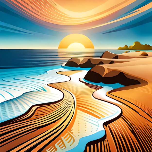 Vector una pintura de una playa con una puesta de sol y las palabras 