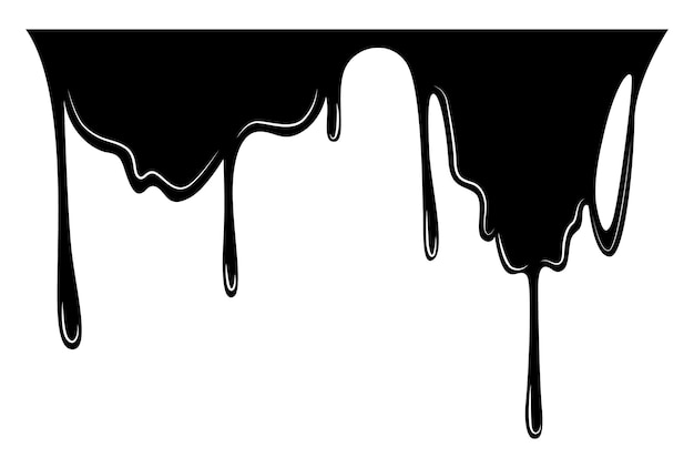 Pintura que gotea líquido Mancha de aceite que fluye Conjunto de gotas negras Plantilla de flujo abstracto Raya de tinta actual o mancha de líquido Ilustración vectorial sobre fondo blanco