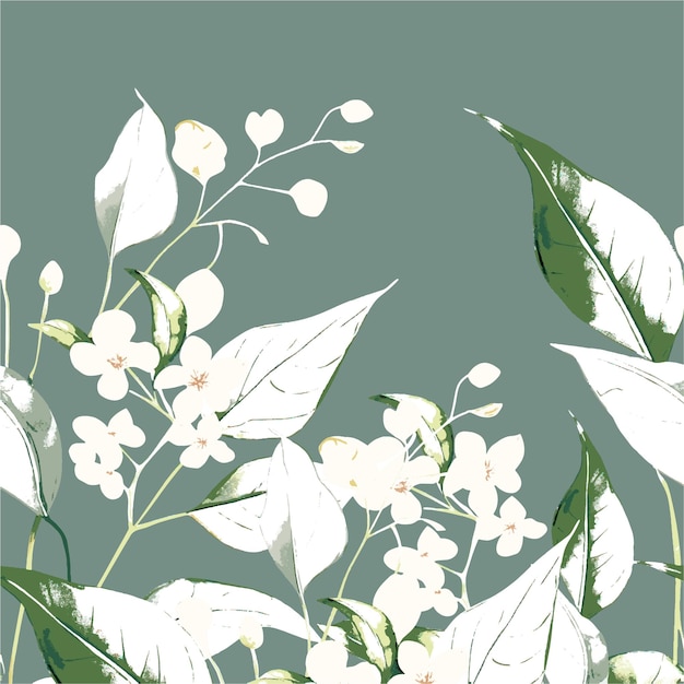 una pintura de una rama con flores blancas y hojas verdes