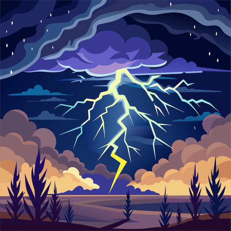 Vector una pintura de relámpago y un atardecer con una nube de tormenta