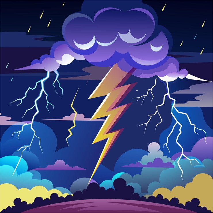 Vector una pintura de relámpago y un atardecer con una nube de tormenta
