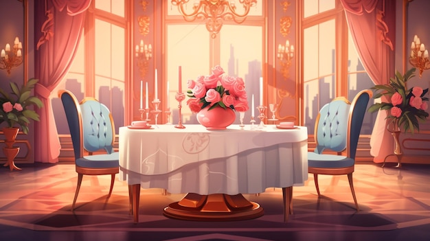 Vector una pintura de un restaurante con un jarrón rosa con flores en él
