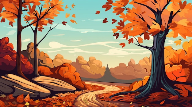 Vector una pintura de un río con hojas de otoño