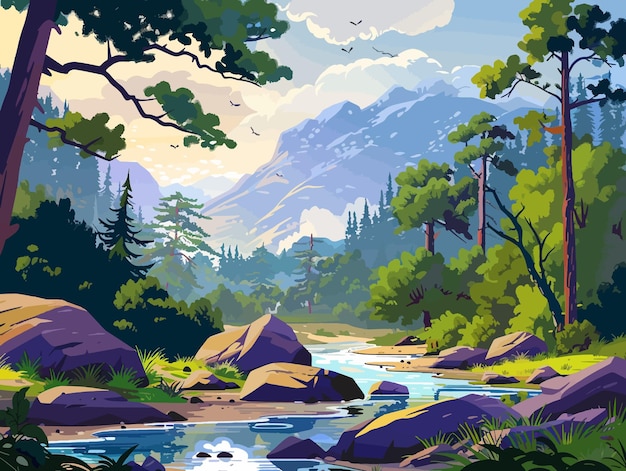 una pintura de un río con una montaña en el fondo