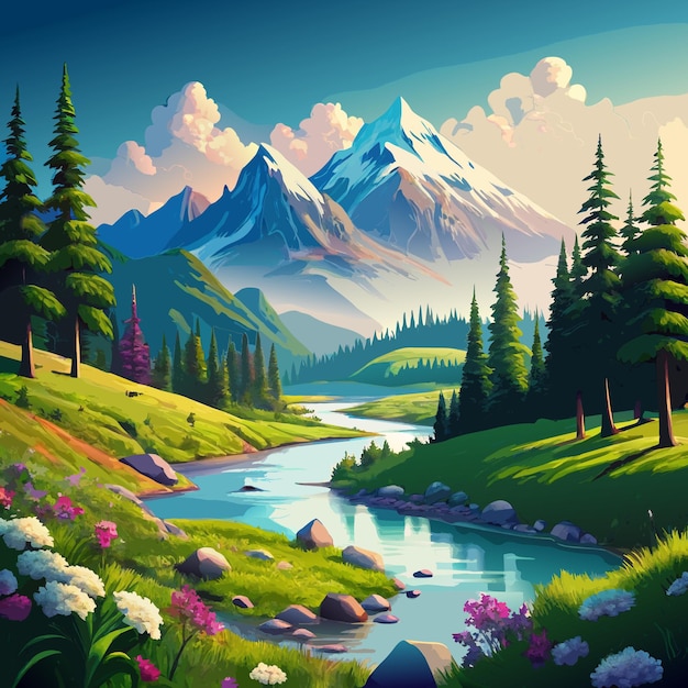 Vector una pintura de un río con montañas y árboles