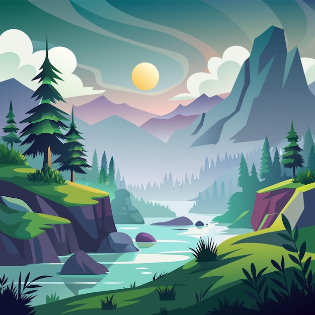 Vector una pintura de un río con montañas y árboles