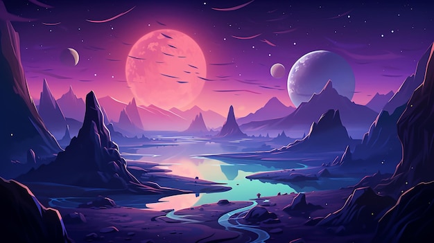 Vector una pintura de un río con montañas y una luna púrpura