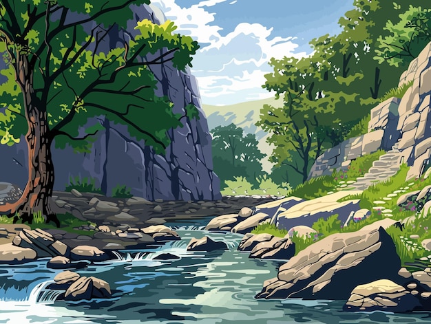 una pintura de un río con un río y árboles