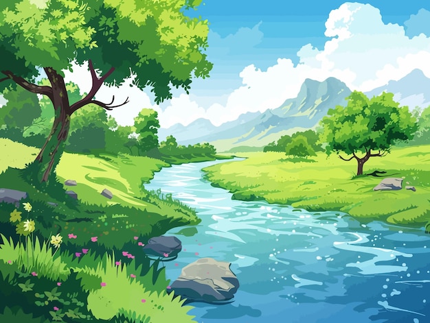 una pintura de un río con un río y árboles