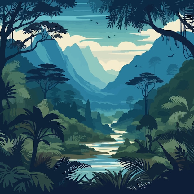 Vector una pintura de un río con un río y montañas en el fondo